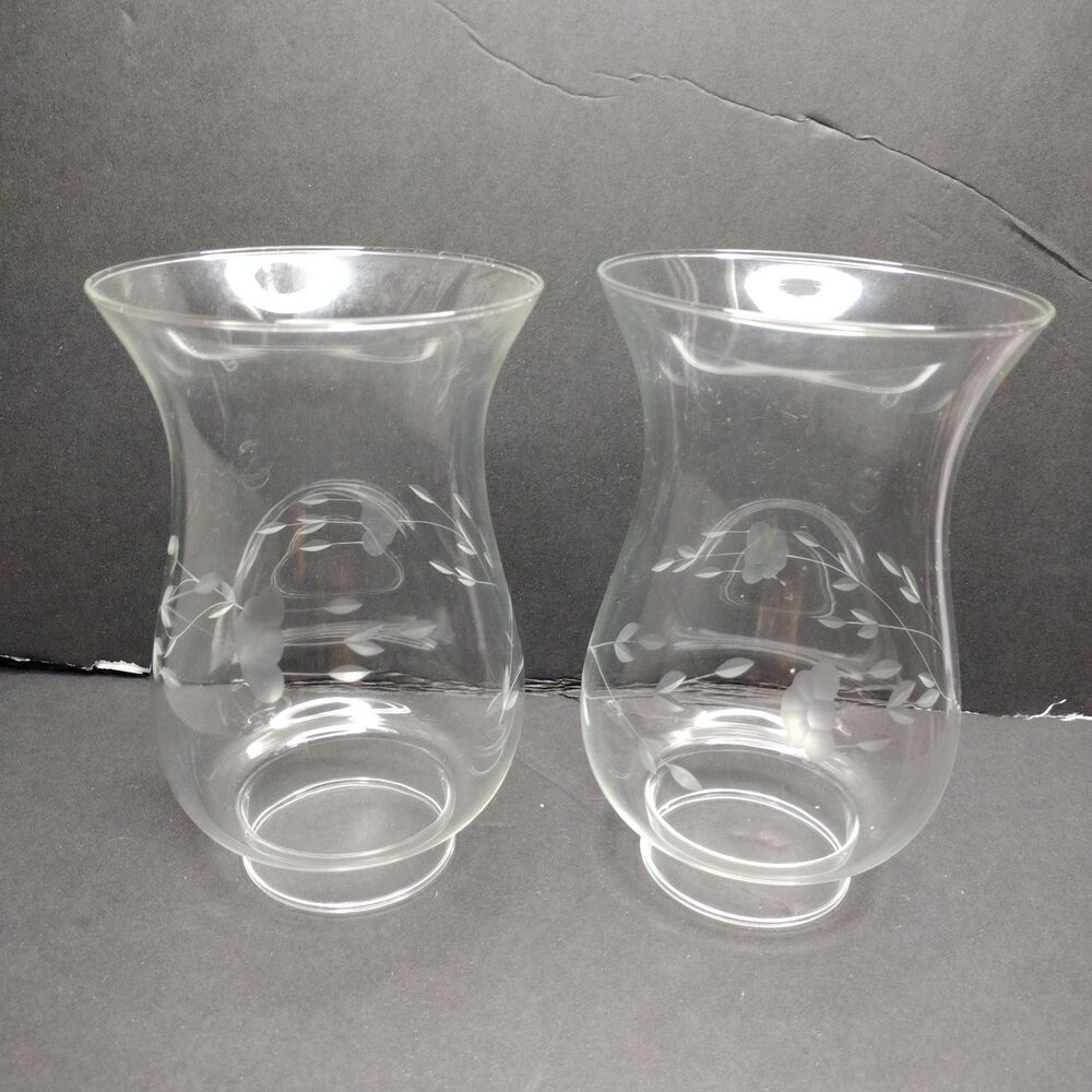 Princess House Heritage Etched Glass Hurricane Lamp Chimney Shade Set Of (2)
